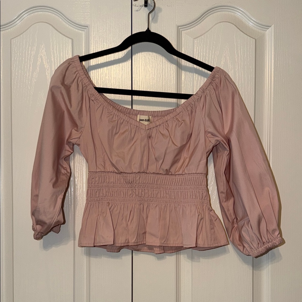 Open Edit Off-Shoulder Organically Cotton Poplin Blouse Size Small Dusty Pink